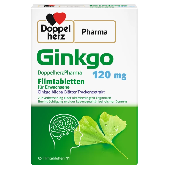 Abbildung der Produktverpackung DoppelherzPharma Ginkgo DoppelherzPharma 120 mg Filmtabletten Frontansicht